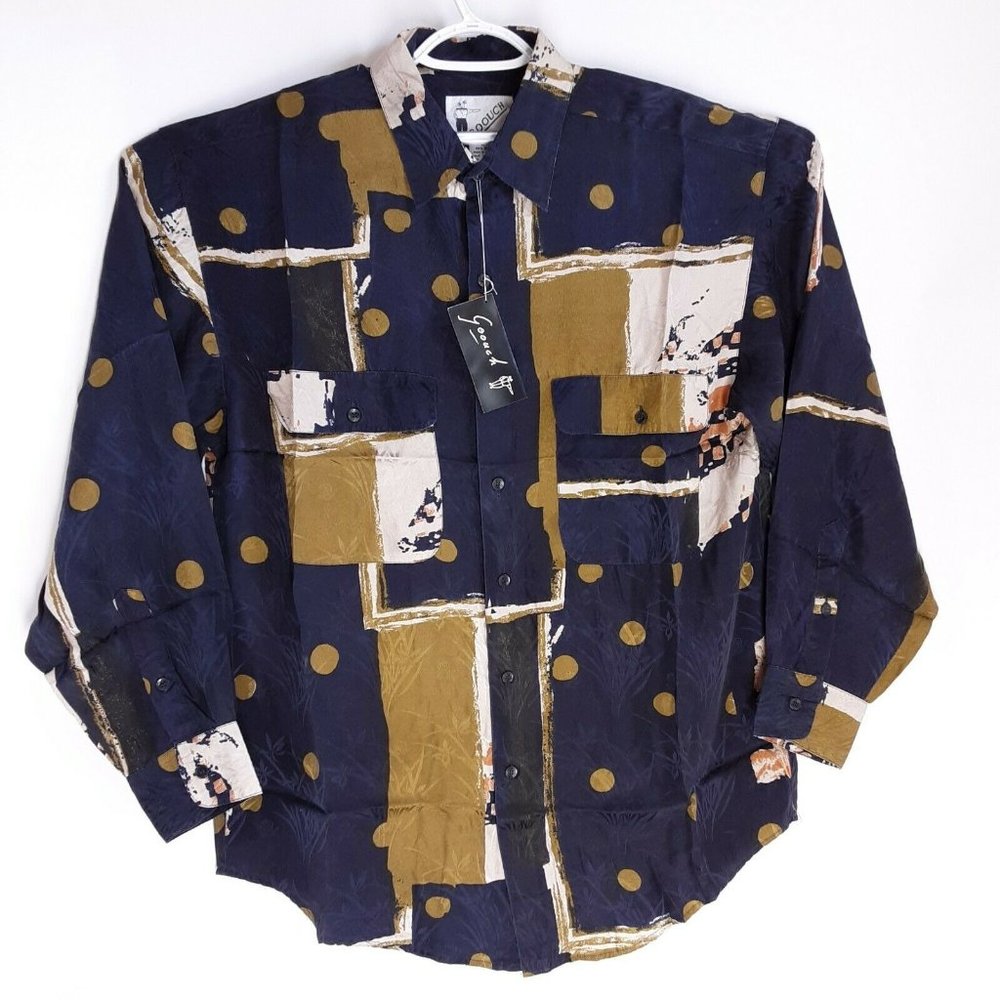 GOOUCH Vintage SILK mens Button Down Shirt navy Abstract Print Long Sleeve 90s M